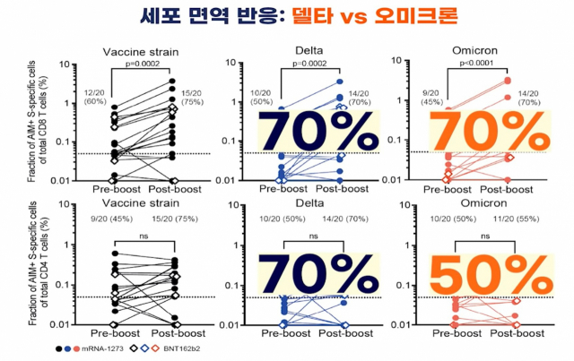 델타 변이와 오미크론 변이의 세포면역 비교. 사진 제공=서울대병원