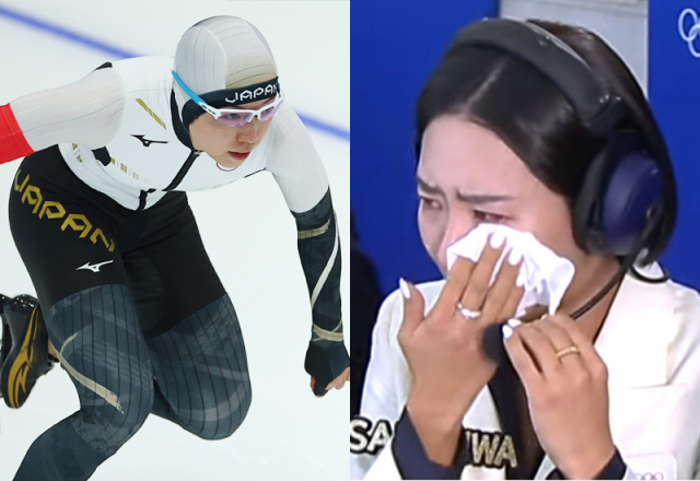 이상화(왼쪽)가 올림픽 해설 도중 일본 스피트스케이팅 고다이라의 부진한 기록에 눈물을 흘리고 있다. /KBS스포츠 캡처