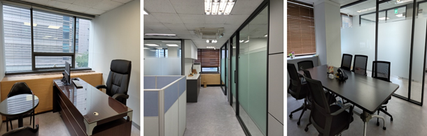 스카우트 전직지원 프로그램에서 제공하고 있는 사무실 모습. 왼쪽부터 개인 사무실, 리셉션, 아이디어 룸(사진제공=스카우트)