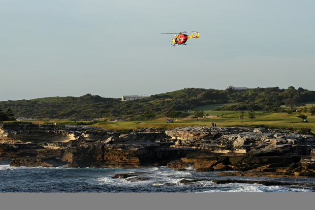 상어로 인한 인명사고가 발생한 호주 시드니 인근 해변에서 17일(현지시간) 헬기가 상어 수색 작업을 벌이고 있다. /EPA연합뉴스