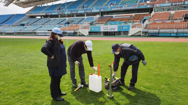 삼성물산 리조트부문 잔디환경연구소 직원들이 K리그 축구장의 잔디를 진단하고 있다./사진제공=삼성물산