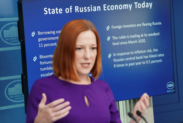 White House press secretary Jen Psaki speaks about the Russian economy during a press briefing at the White House in Washington, U.S., February 23, 2022. REUTERS/Kevin Lamarque