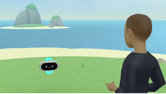 23일(현지 시간) 메타가 온라인으로 진행한 ‘인사이드 더 랩’의 콘셉트 AI 빌더봇 시연 과정에서 마크 저커버그 CEO의 아바타의 시야에 섬이 나타났다. /메타 영상 갈무리