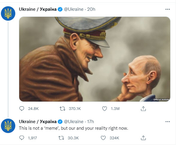 지난 24일(현지시간) 우크라이나 공식 트위터 계정에는 독일의 독재자 아돌프 히틀러가 푸틴 대통령의 뺨을 어루만지고 있는 모습의 만평이 올라왔다. /우크라이나 공식 트위터 계정 캡처
