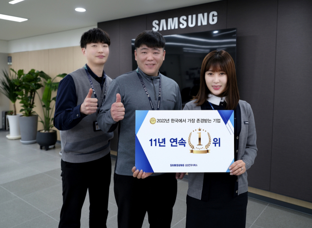 삼성전자서비스 직원들이 한국능률협회컨설팅 주관 ‘2022년 한국에서 가장 존경받는 기업’에서 서비스센터 부문 11년 연속 1위에 선정된 뒤 엄지를 들고 있다./사진 제공=삼성전자서비스