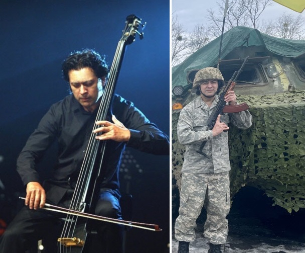 2002년부터 서울팝스오케스트라에서 활동한 콘트라베이스트 주친 드미트로(왼쪽)가 지난 1일 오케스트라 측에 군복을 입고 보내온 사진. /사진=서울팝스오케스트라