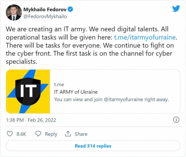 미하일로 페도로프 우크라이나 디지털혁신부 장관이 지난 26일 ‘IT결사대(IT army)’에 참여해달라고 올린 트윗 /트위터 계정 갈무리