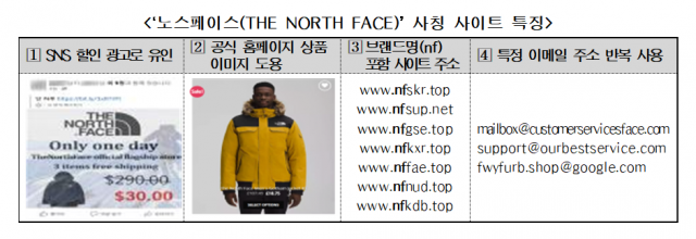 한국소비자원이 공개한 노스페이스 사칭 사이트의 특징. 한국소비자원 제공