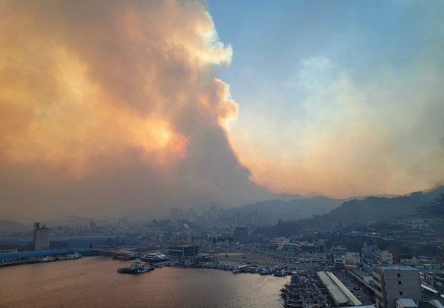 강원 곳곳에서 이틀째 산불이 이어지는 5일 오후 강원 동해시 묵호항 일대가 연기로 뒤덮여 있다. 동해=연합뉴스