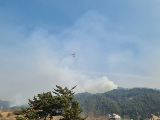 산림청 헬기가 7일 강원도 동해시 신흥동 신흥마을 백령봉 야산에서 산불을 진화하고 있다. 동해=박홍용 기자