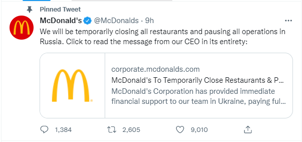 맥도날드가 8일(현지시간) 러시아 내 매장 운영을 잠정 중단한다는 방침을 발표했다./트위터 캡처