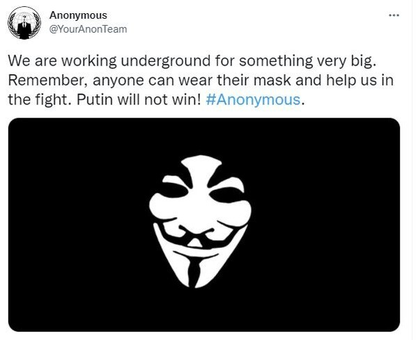 국제 해커 집단 어나니머스가 공식 트위터를 통해 푸틴을 향한 경고글을 게재했다/어나니머스 공식 트위터 캡처