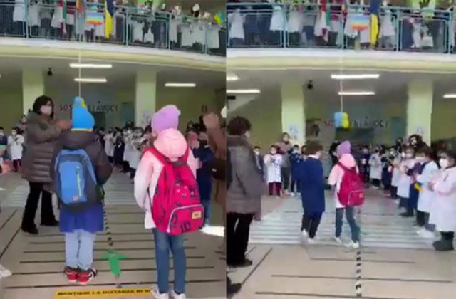 러시아의 침공을 피해 이탈리아로 떠난 우크라이나의 한 남매가 학생들의 환영을 받으며 첫 등교를 무사히 마쳤다. 트위터 캡처