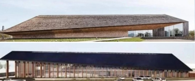 덴마크 건축가가 지은 건물(위)과 유현준 교수가 설계한 고창 도서관(아래). 지붕이 기울어져 있어 비슷하게 보인다. 온라인 커뮤니티 캡처