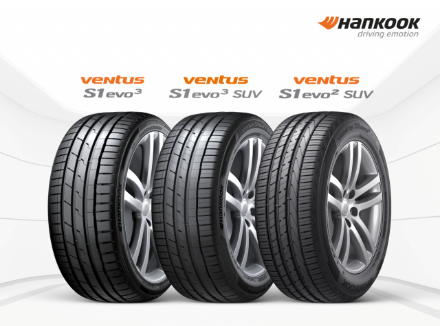 한국타이어의 초고성능 타이어 ‘벤투스’ 라인업인 벤투스 S1 에보3, 벤투스 S1 에보3 SUV, 벤투스 S1 에보2 SUV. 사진 제공=한국타이어앤테크놀로지