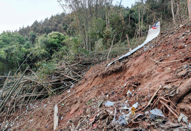 중국 남부 광시좡족자치구 우저우시 텅현 산중턱에 21일 추락한 중국 동방항공 여객기의 잔해가 산 속에서 발견됐다. AFP연합