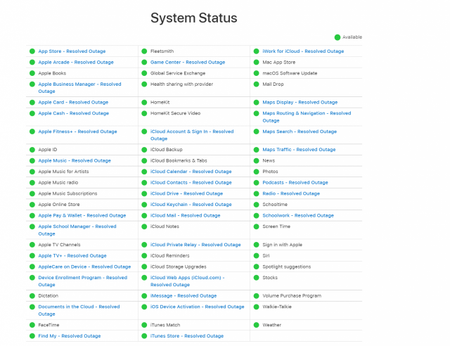 21일(현지 시간) 오후 애플이 접속 장애 후 복구된 서비스를 ‘해결된 장애(Resolved Outage)’로 표시했다. 이같이 장애를 겪은 서비스는 34개로 나타났다. /애플 홈페이지 갈무리