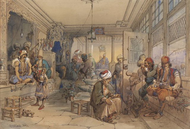 Depiction of an Ottoman coffeehouse, Amadeo Preziosi(1854)