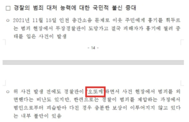 국민의힘 선거대책본부가 제공한 '공수처·경찰 개혁' 파트 보도 참고자료에는 여성 혐오 표현 '오또케'라는 단어가 사용됐다. 연합뉴스