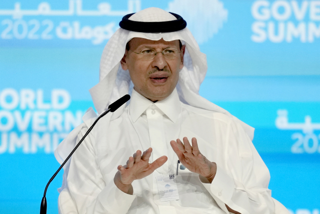 압둘아지즈 빈살만 사우디 에너지부 장관이 29일(현지 시간) 두바이에서 개최된 ‘세계정부정상회의(WGS)’에 참석해 발언하고 있다. AP연합뉴스