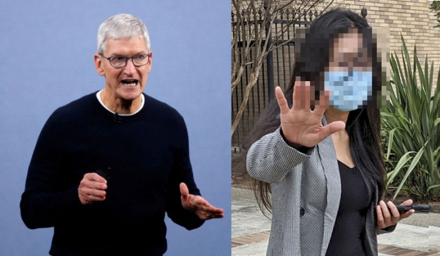 팀 쿡(왼쪽) 애플 CEO와 법원을 떠나는 줄리 리 최. 로이터·AP 연합뉴스