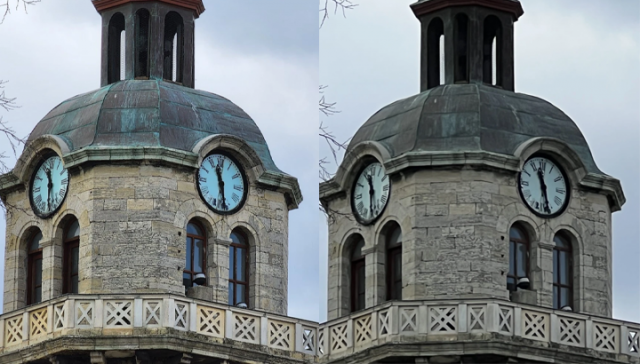 삼성전자 ‘갤럭시S22 울트라(왼쪽)’와 애플 ‘아이폰13 프로’ 10배 줌으로 시계탑을 촬영한 사진. 폰아레나 캡처