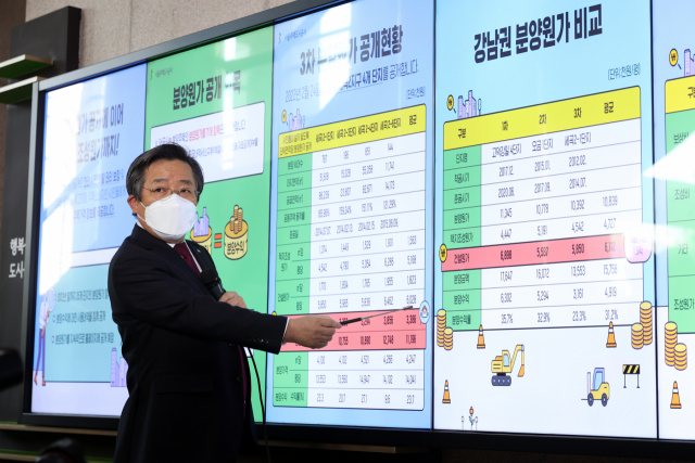 김헌동 SH 사장이 지난 2월 강남구 본사에서 강남 세곡2지구의 분양 원가를 설명을 하고 있다. 사진 제공=SH