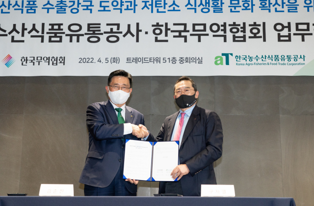 구자열(오른쪽) 무역협회 회장과 김춘진 한국농수산식품유통공사 사장이 5일 서울 무역센터에서 업무협약을 맺고 있다.