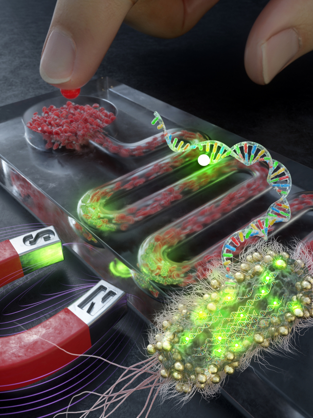 미세유체칩 기술과 형광 FISH 기술을 접목한 세균 감염 진단 기술. 초록색 형광으로 감염 여부를 알 수 있다. 사진제공=UNIST