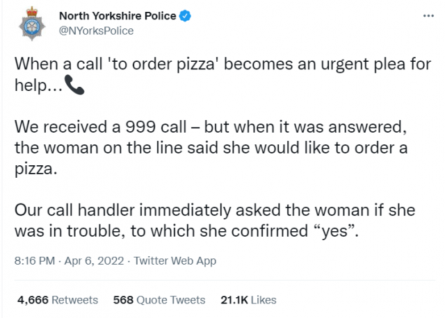 지난 6일(현지 시간) 노스요크셔 경찰이 트위터에 '피자 주문' 신고에 대한 글을 올렸다. 트위터 캡처