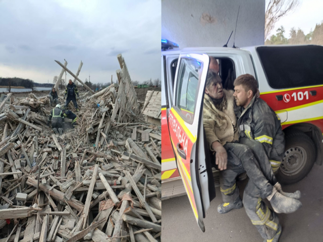 왼쪽은 러시아군 폭격으로 산산조각 난 건물 잔해의 모습, 오른쪽은 건물 잔해 속 발견된 주민이 호송되는 모습. 트위터 캡처