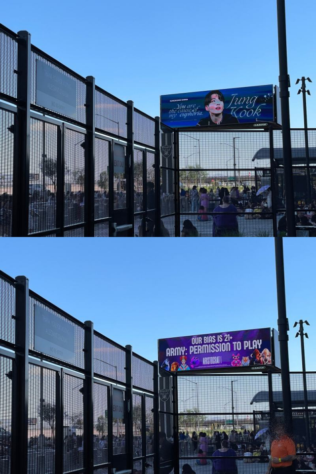 얼리전트 스타디움 주변 전광판에 올라온 방탄소년단 관련 광고와 많은 팬들이 밖에서 입장을 기다리고 있는 모습. / 사진=추승현 기자