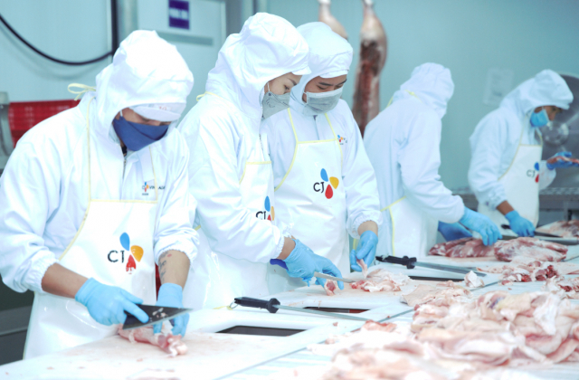 베트남 호치민시 구찌현에 설립된 CJ피드앤케어의 냉장육 공장에서 현지 직원들이 고기를 손질하고 있다. 사진=CJ피드앤케어