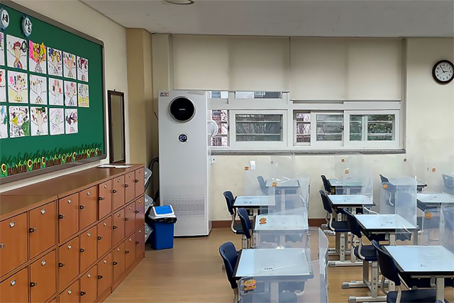 힘펠 스탠드형 환기시스템 휴벤S가 설치된 경기도 파주의 한 초등학교 교실 / 사진제공=힘펠