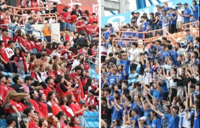 연고전 야구 경기에서 고려대(왼쪽)와 연세대(오른쪽) 학생들이 응원을 하고 있는 모습. 연합뉴스