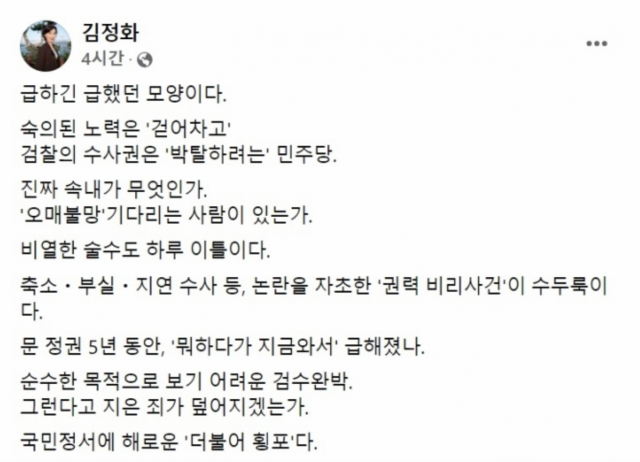 '검수완박, 더불어 횡포…임대차3법 부작용 잊었나' 김정화 직격
