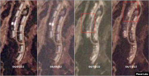 북한 금강산 아난티 골프장 리조트 단지를 촬영한 위성사진. 왼쪽부터 4월 1, 9, 10, 11일의 모습. 10일 중심부 건물(왼쪽 붉은 사각형 안)이 사라지고 11일에는 북쪽 2개 동(오른쪽 붉은 사각형 안)이 철거된 모습이다./연합뉴스