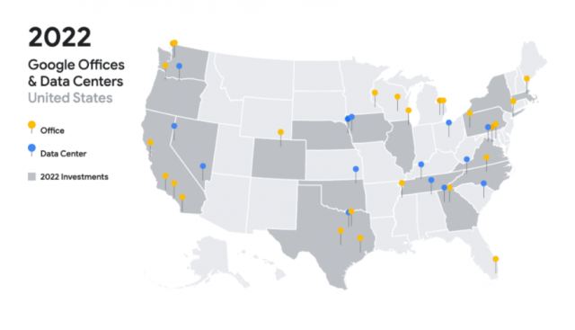 현재 미국 전역에 있는 구글 사무실(노란색)과 데이터센터(파란색). 진한 회색은 구글이 올해 캠퍼스 및 데이터센터 투자를 하겠다고 밝힌 지역들. 구글 블로그 캡처