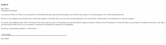 일론 머스크 테슬라 CEO 측이 미 증권거래위원회에 제출한 트위터 인수 제안서 /SEC