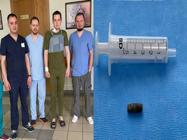 왼쪽은 수술을 마친 우크라이나 군인(왼쪽에서 3번째)과 의료진의 모습, 오른쪽은 군인의 심장에서 제거한 총알의 모습. 트위터 캡처