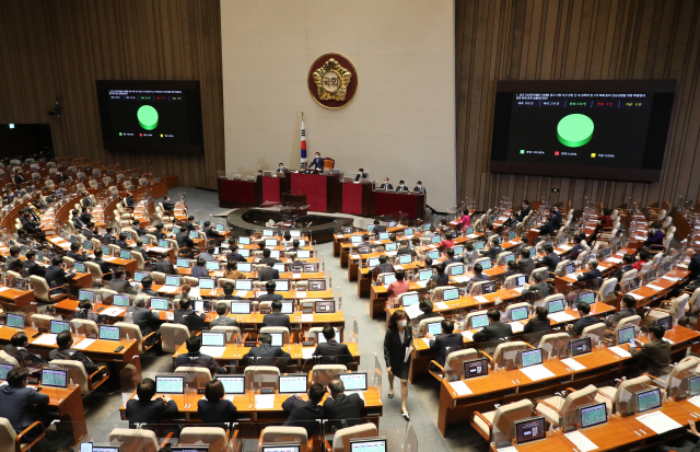 15일 국회 본회의장에서 공군 20전투비행단 이예람 중사 사망 사건 관련 군 내 성폭력 및 2차 피해 등의 진상규명을 위한 특별검사 임명 등에 관한 법률안(대안)이 통과되고 있다. / 연합뉴스