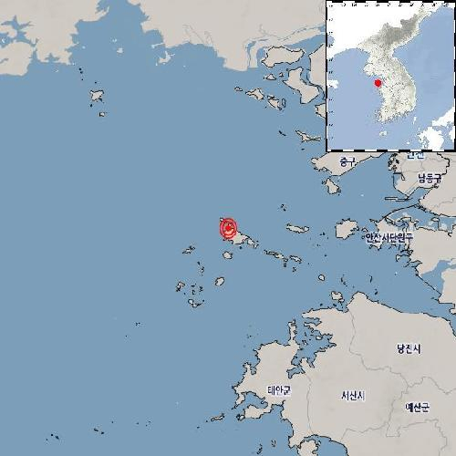 18일 오후 2시 22분쯤 인천 옹진군 서남서쪽 52㎞해역에서 규모 2.3(±0.2)의 지진이 발생했다. 기상청 제공