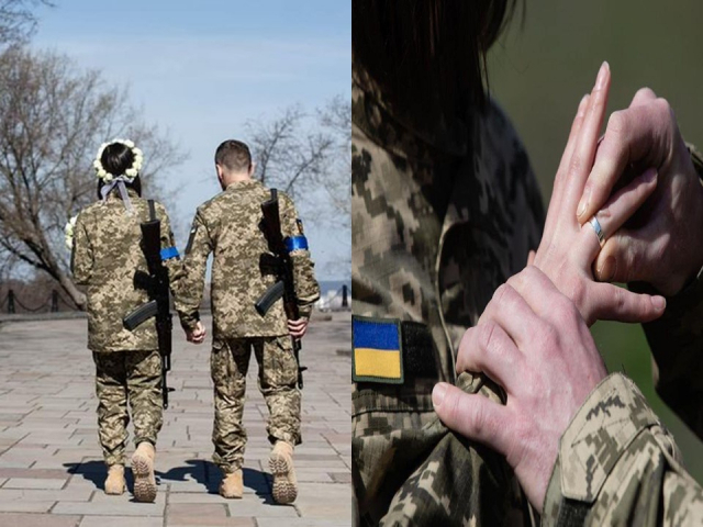 우크라이나 군인 커플이 7일(현지시간) 키이우의 한 공원에서 군복을 입고 조촐한 결혼식을 올렸다. 트위터 캡처