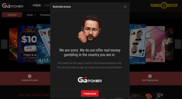 'GGPoker' 사이트에 접속하면 제공되는 ‘서비스 제한’ 안내문의 모습. 홈페이지 캡처