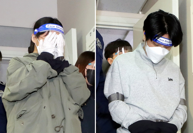'계곡살인' 사건의 피의자 이은해(왼쪽)·조현수씨가 지난 19일 영장실질심사를 받기 위해 인천지방법원으로 들어서고 있다. 연합뉴스