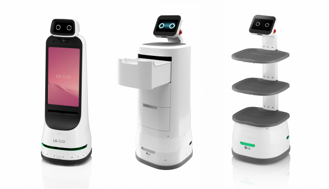 LG 클로이 가이드봇(왼쪽부터), LG 클로이 서브봇 서랍형, LG 클로이 서브봇 선반형 제품. 사진제공=LG전자