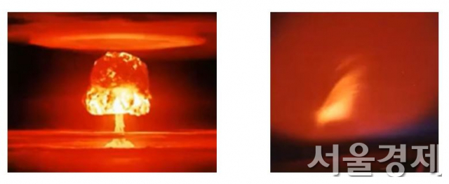 핵 지상 폭발(왼쪽)과 고고도 폭발 장면 비교 이미지. 고고도에서 폭발시 대규모 EMP가 발생해 지상의 전력시설 등은 물론이고 외기권의 인공위성 등도 마비될 수 있다. /이미지 출처=ADD 연구자료