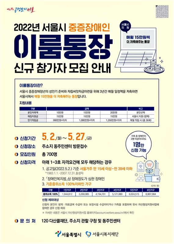 서울시, 청년 중증장애인 자립 위한 '이룸통장' 신규 참여자 공모