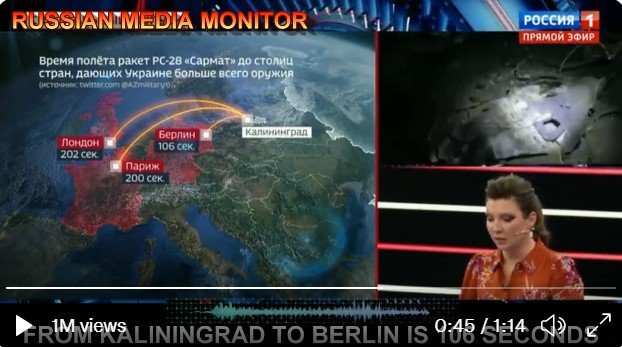 지난달 28일 러시아 국영TV 채널 1의 '60분'(60 Minutes)은 핵무기로 유럽 주요 국가들을 타격하는 시뮬레이션을 방송했다. 트위터 캡처