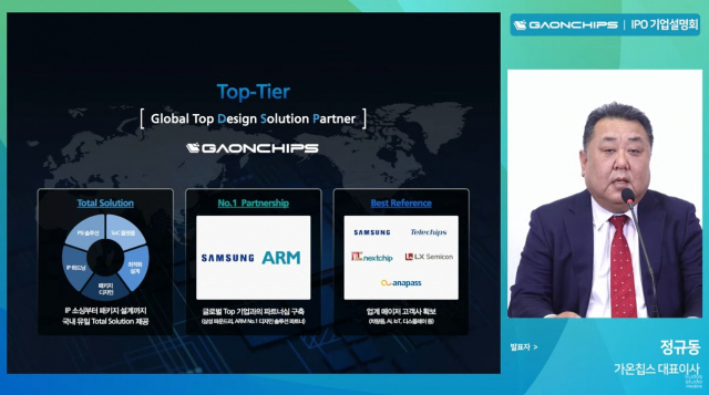 정규동 가온칩스 대표가 코스닥 상장을 앞두고 화상으로 개최한 기자 간담회에서 디자인 솔루션 사업을 설명하고 있다. 사진 제공=가온칩스